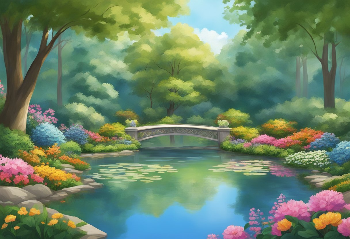 A serene garden with colorful flowers and a clear, calm pond, surrounded by tall trees and a bright, blue sky