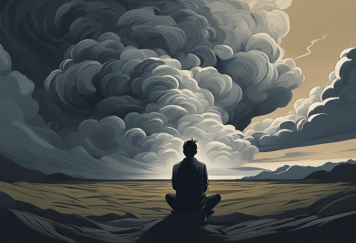 A dark storm cloud looms overhead, casting a shadow over a person sitting alone. The person is surrounded by swirling thoughts and emotions, depicted as menacing figures closing in