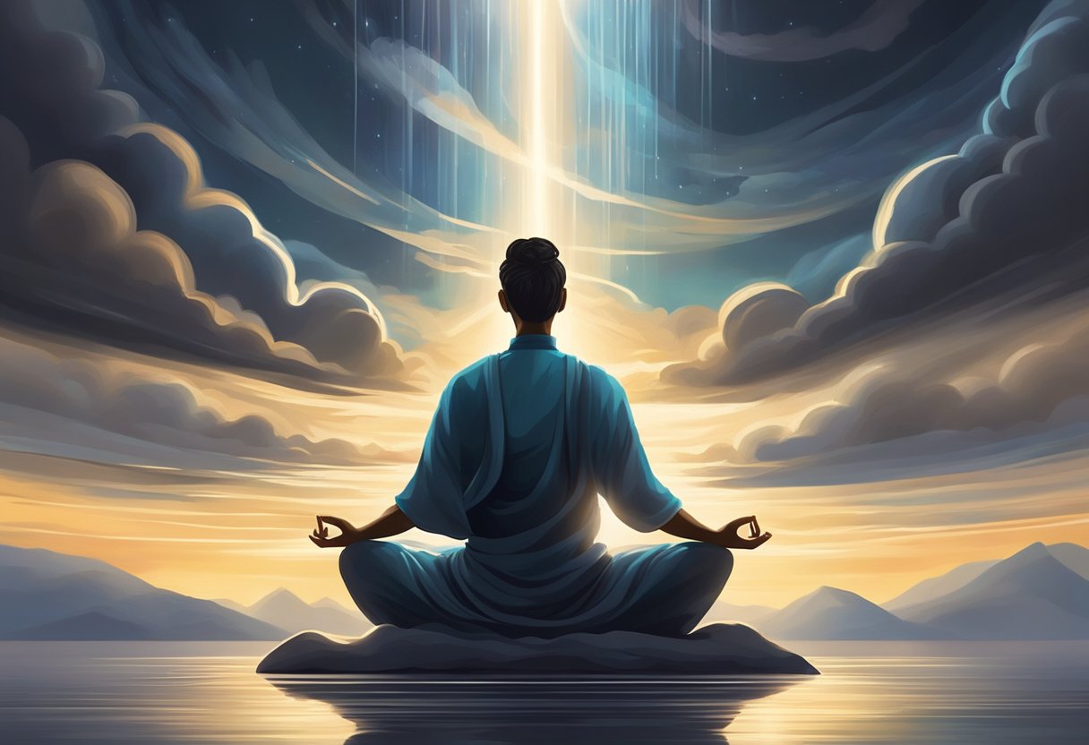 A serene figure sits in meditation, surrounded by swirling dark clouds. Rays of light break through, illuminating the figure in a moment of peace and tranquility