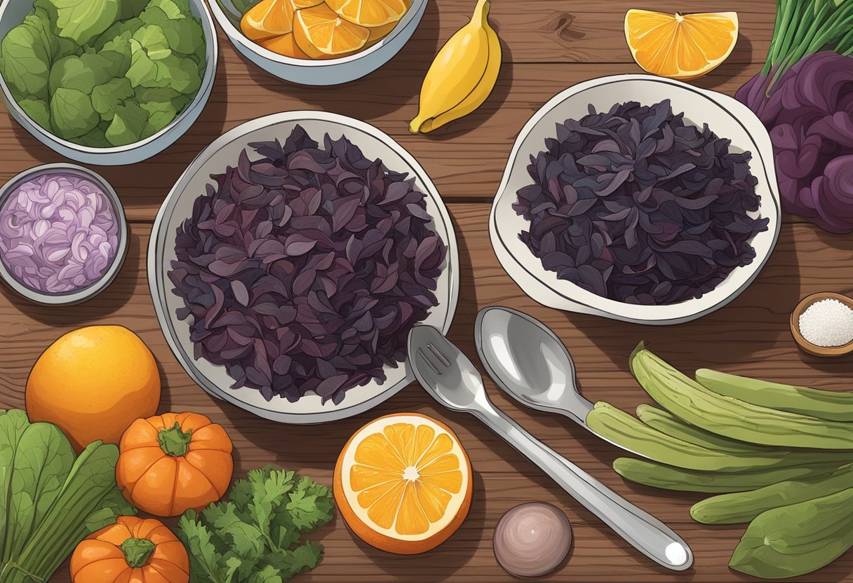 A bowl of dulse sits on a wooden table, surrounded by vibrant vegetables and fruits. A measuring spoon filled with dulse is next to it, indicating the recommended daily portion