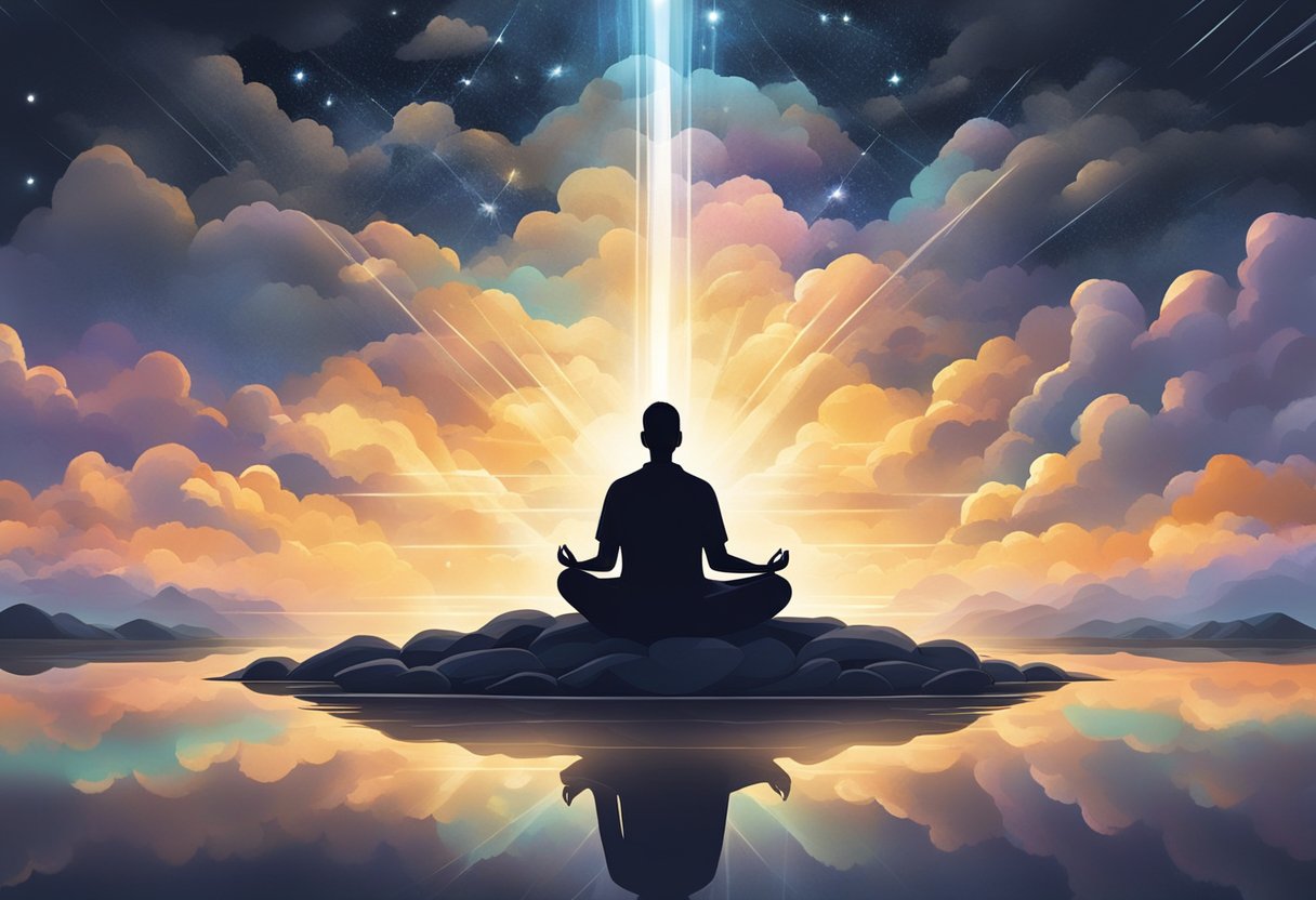 A person sits in meditation, surrounded by dark clouds of negative thoughts. Rays of light break through, dispelling the darkness and bringing a sense of peace and calm