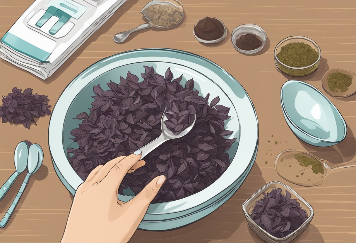 A small bowl of dulse sits on a table, next to a measuring spoon. A hand reaches for the spoon, measuring out a portion. Another hand brings the spoon to the mouth, consuming the dulse