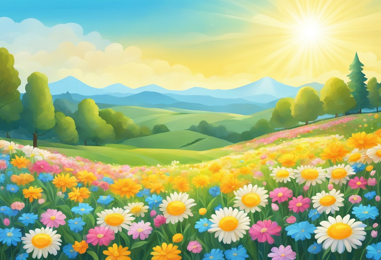 A bright sun shining over a serene landscape with colorful flowers and a clear blue sky, representing a peaceful and positive mindset