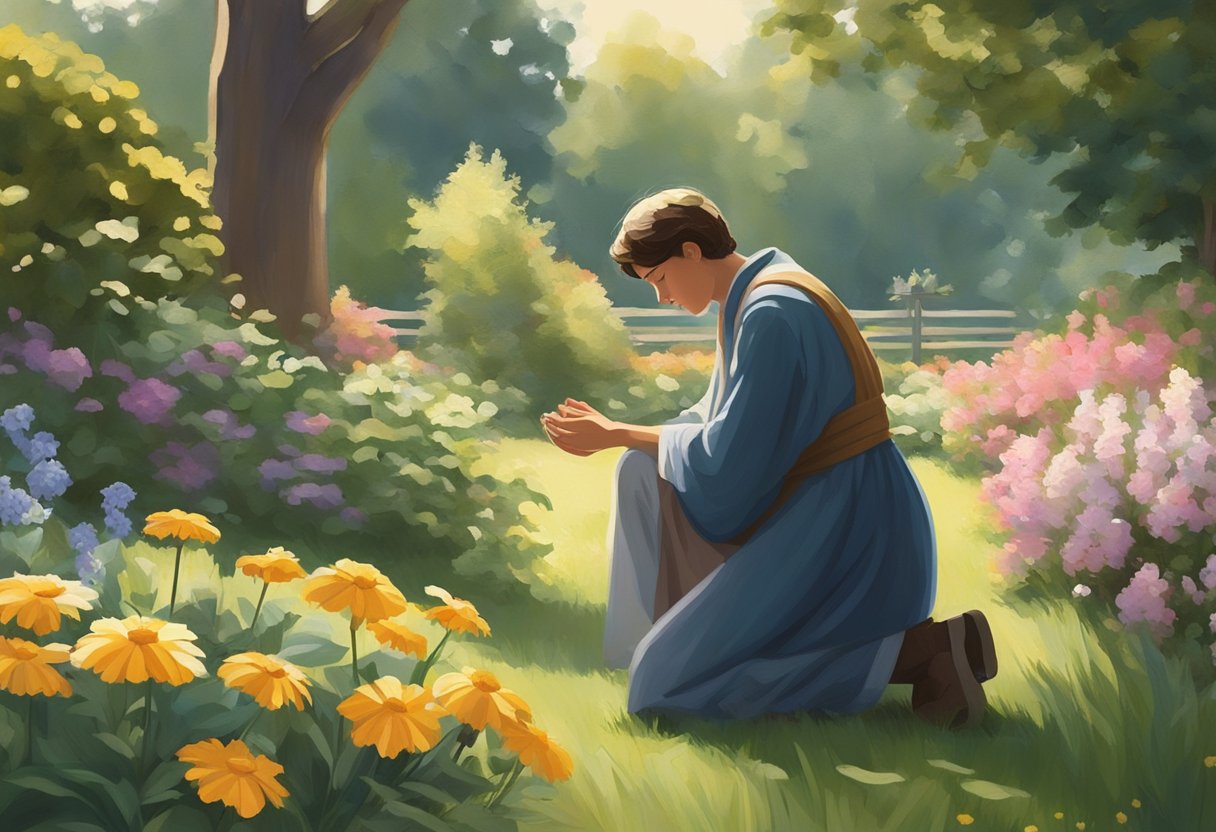 A figure kneels in a sunlit garden, head bowed in prayer. Surrounding flowers and trees suggest a peaceful, natural setting