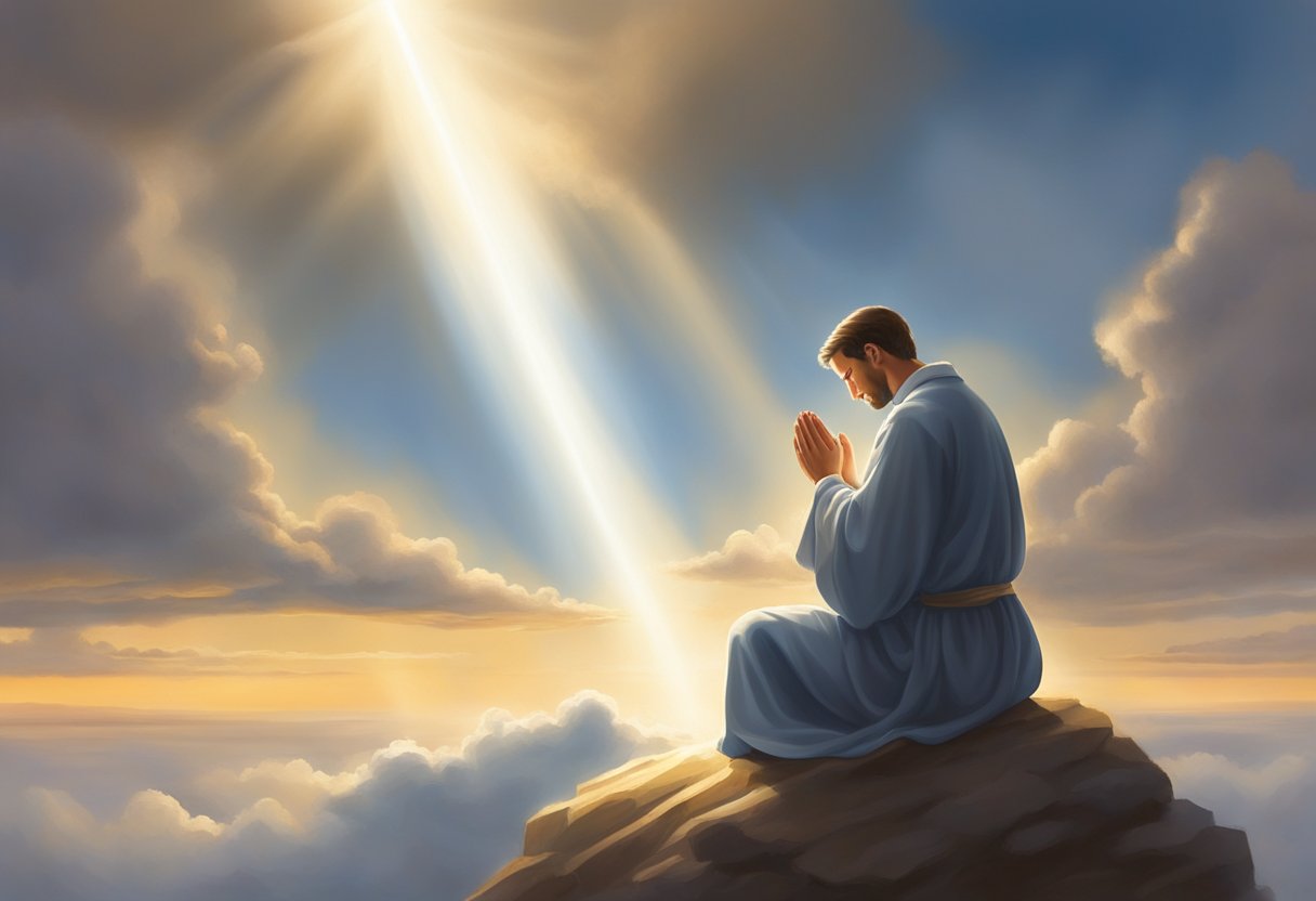 A figure kneels in prayer, surrounded by a soft glow. Above, a beam of light breaks through the clouds, symbolizing divine guidance and the fulfillment of God's will