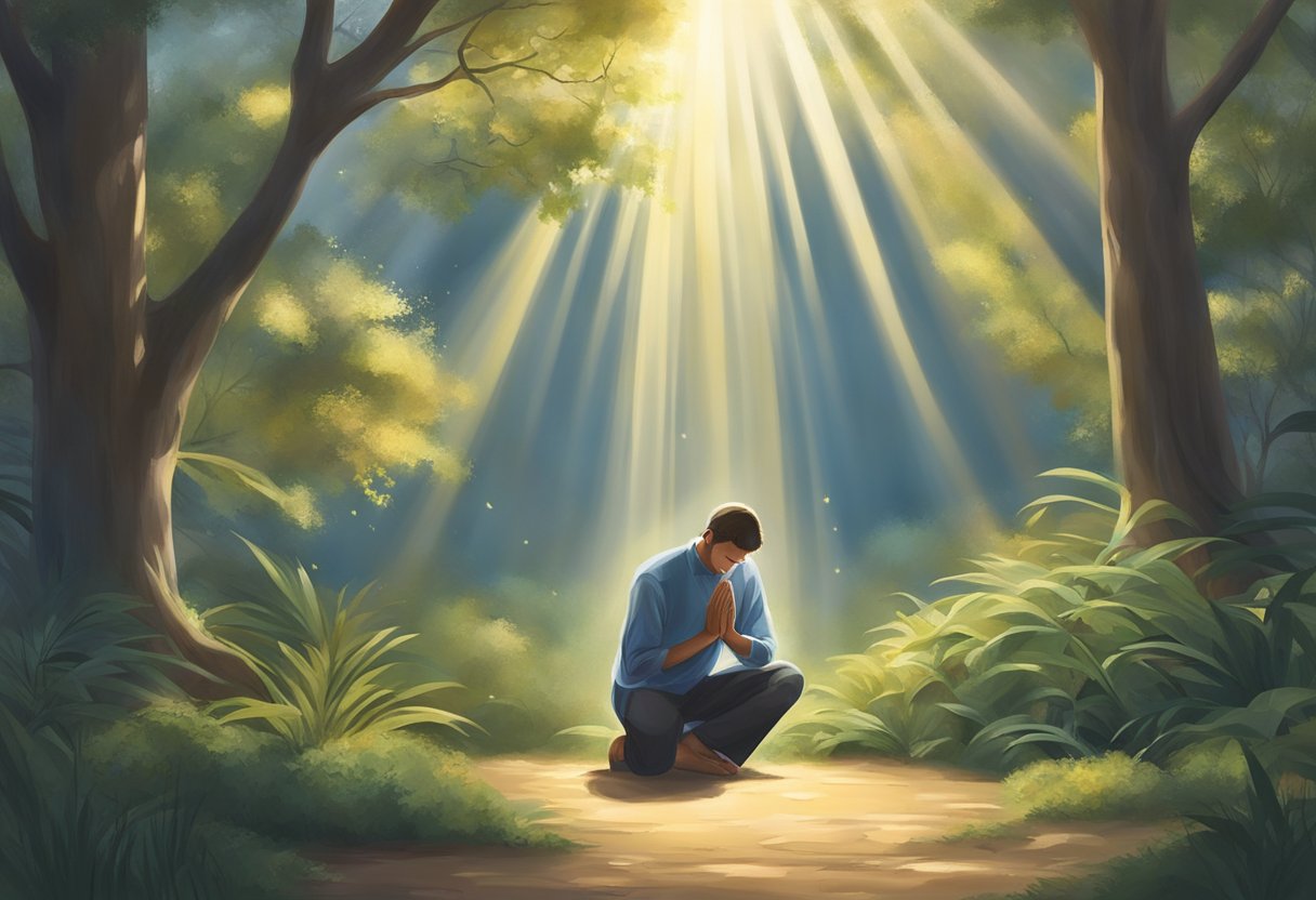 A figure kneels in a serene, peaceful setting, head bowed in prayer. Rays of light filter through the surrounding trees, creating a sense of divine presence