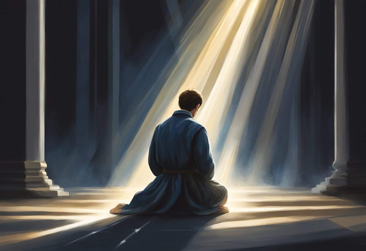 A figure kneels in a beam of light, head bowed in prayer. Surrounding darkness is broken by rays of hope, symbolizing faith and trust in divine guidance