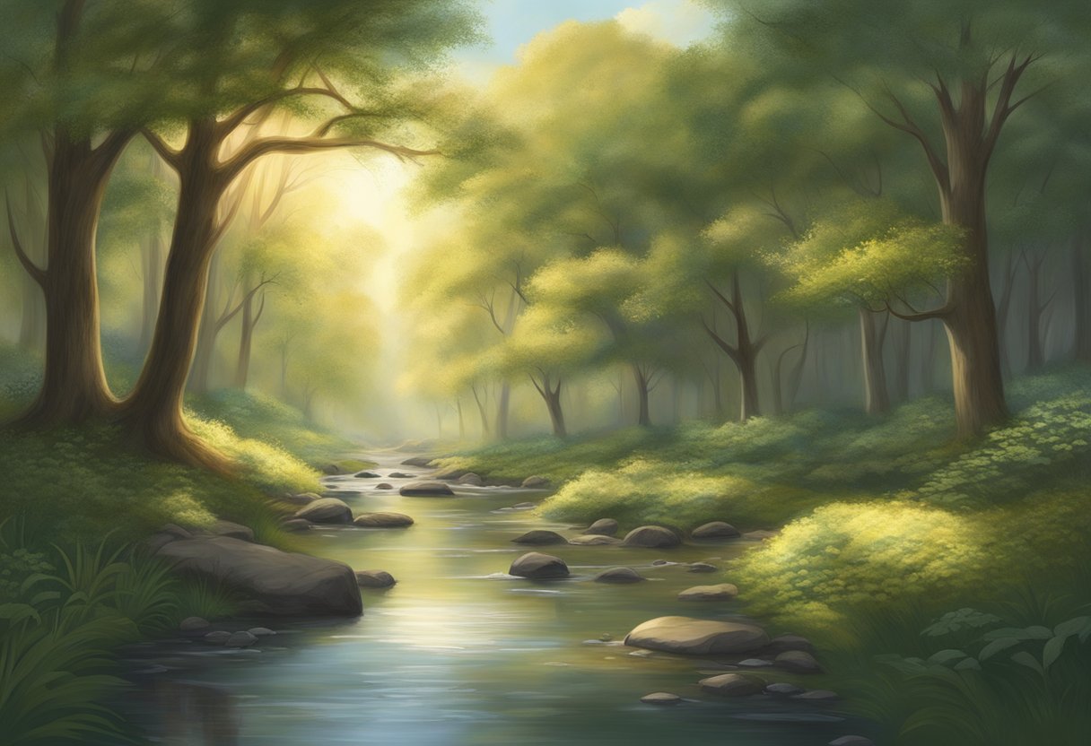A serene, tranquil setting with soft, warm light filtering through a canopy of trees. A gentle stream flows nearby, symbolizing the cleansing and healing of past hurts and trauma