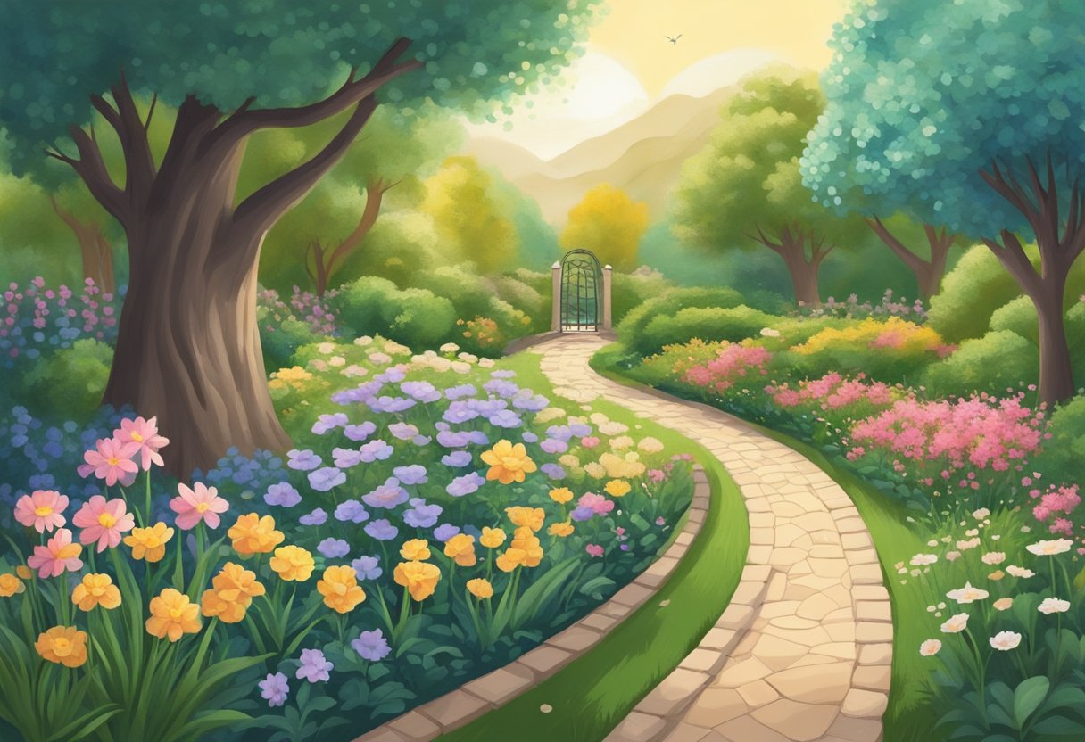 A serene garden with blooming flowers and a winding path, symbolizing healing and growth from past trauma