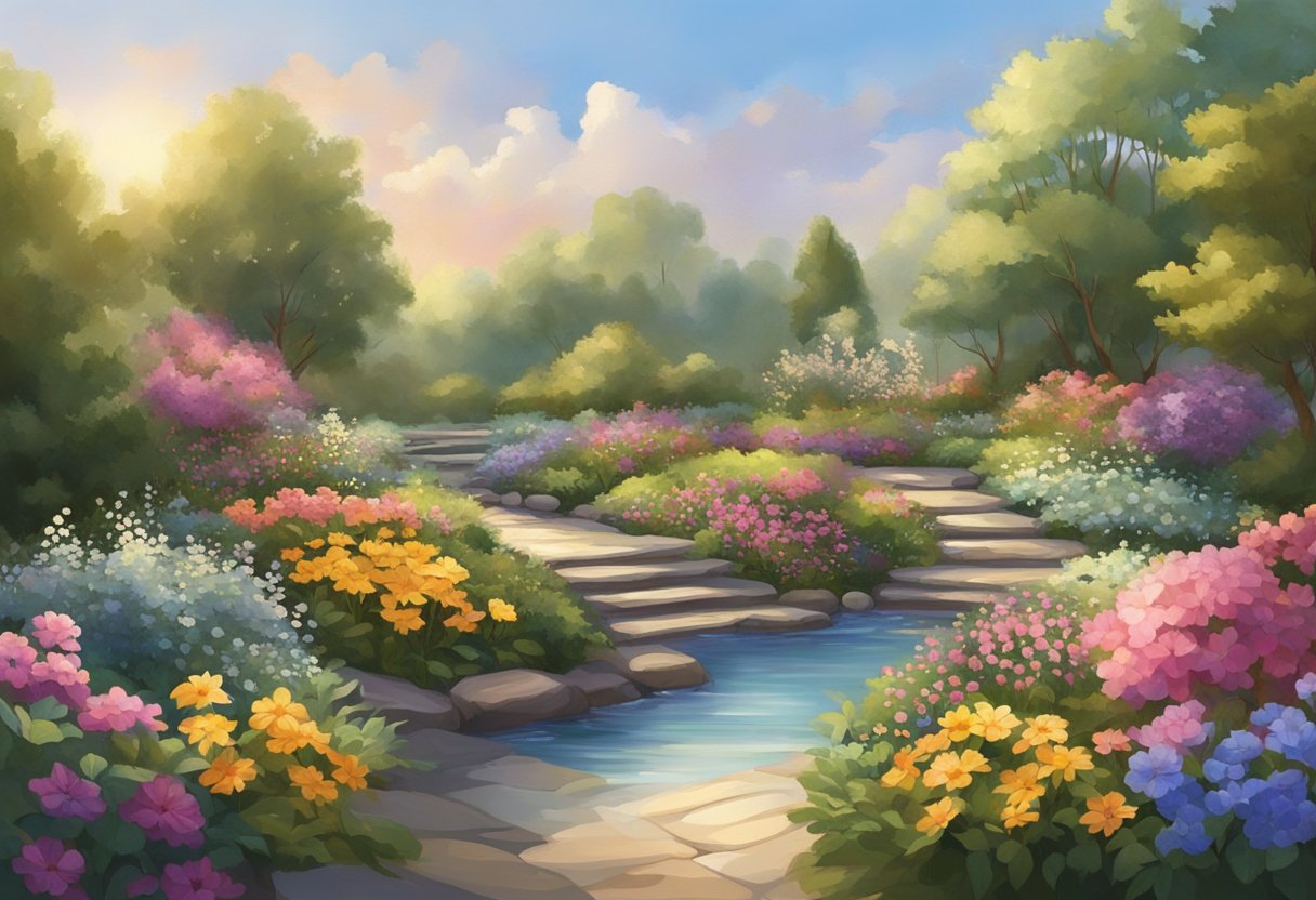 A serene garden with a flowing stream, surrounded by vibrant flowers and lush greenery. A soft, warm light radiates from the sky, creating a peaceful and comforting atmosphere