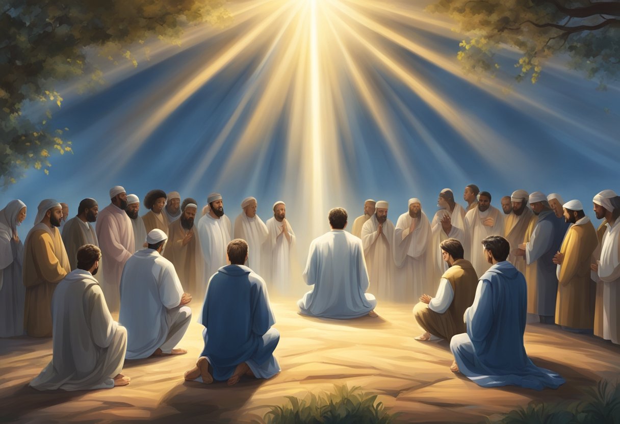 A group of believers kneeling in prayer, with rays of light shining down on them, as they lift up their voices in intercession for the salvation of the lost souls