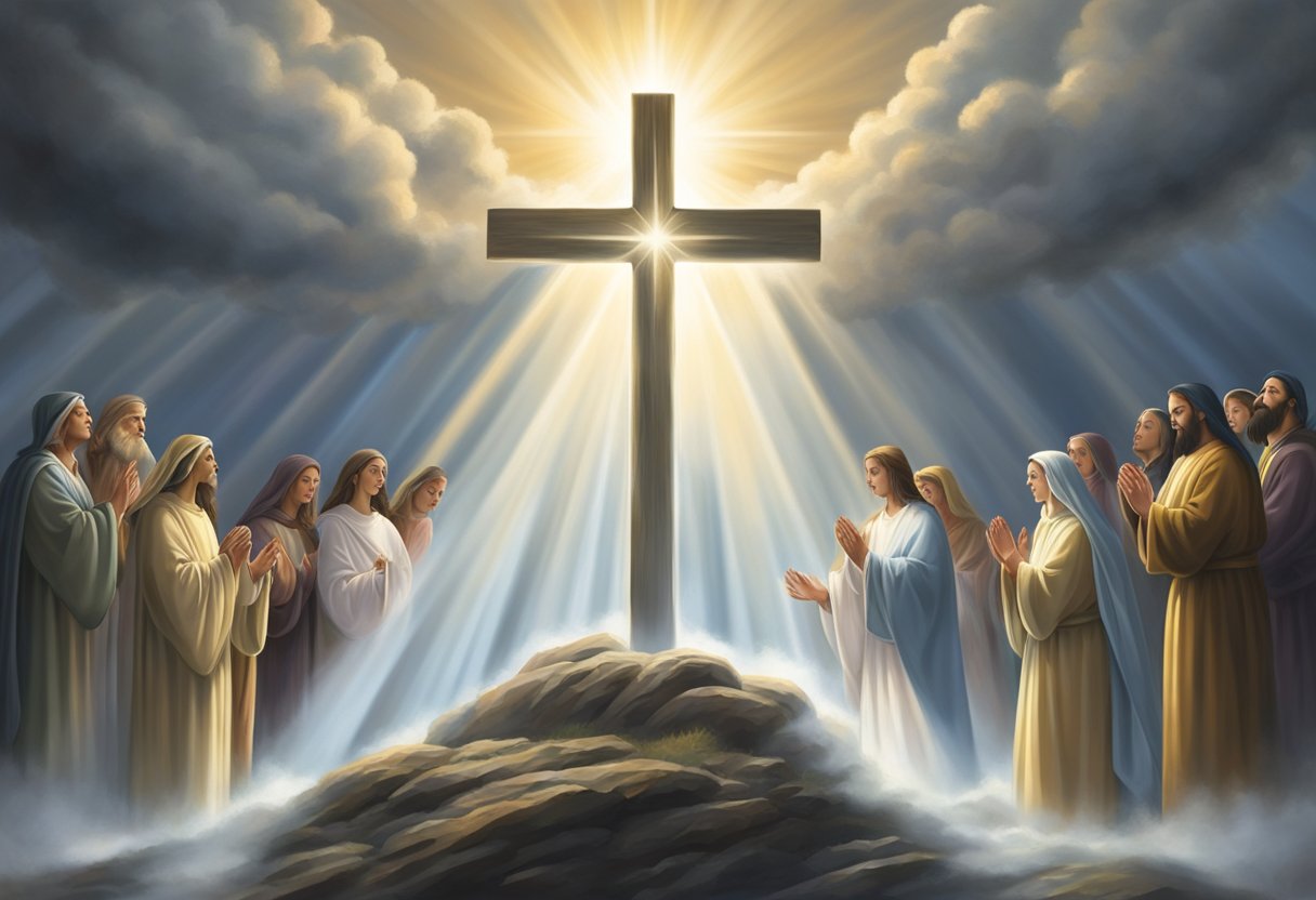 A beam of light pierces through dark clouds, illuminating a path towards a cross. A group of intercessors kneel in prayer, their hearts lifted towards heaven, as angels descend to bring lost souls to Christ