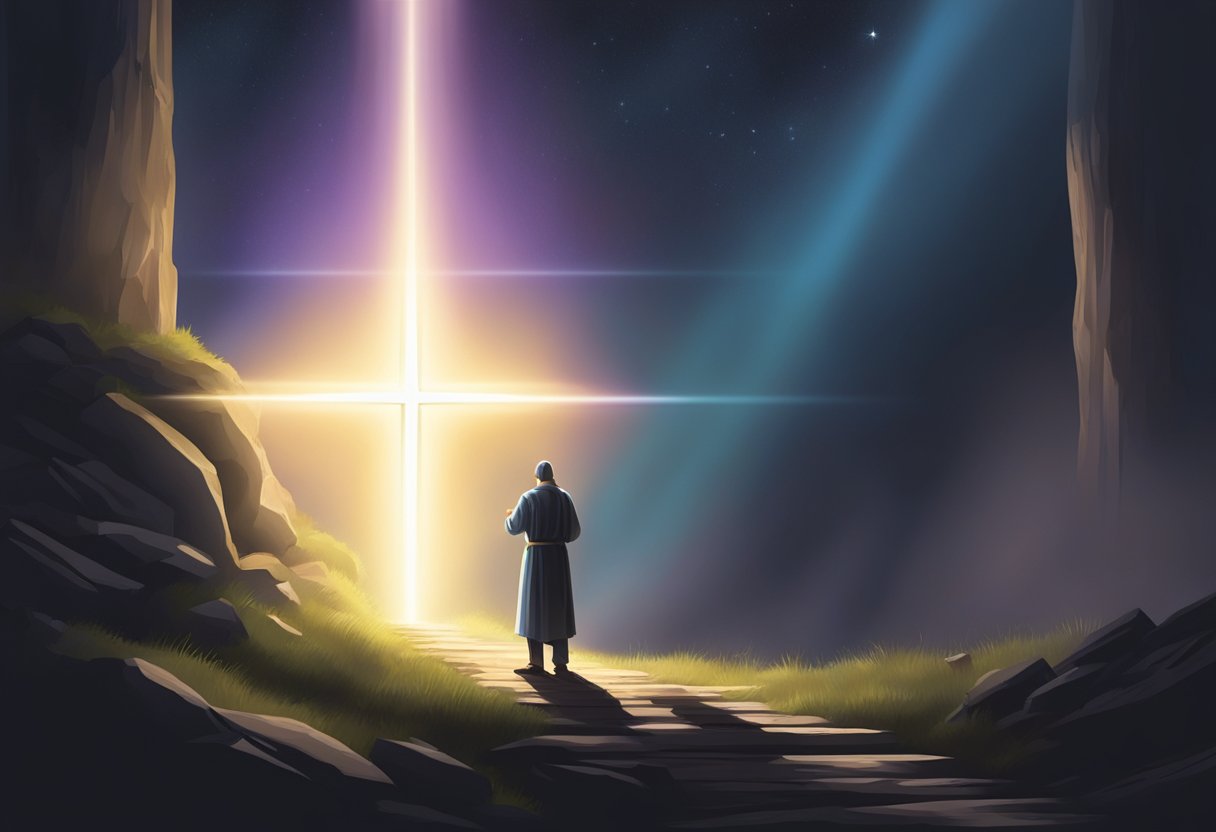 A beam of light pierces through the darkness, illuminating a path towards a cross. A figure kneels in prayer, surrounded by a radiant aura, lifting up the lost souls to Christ