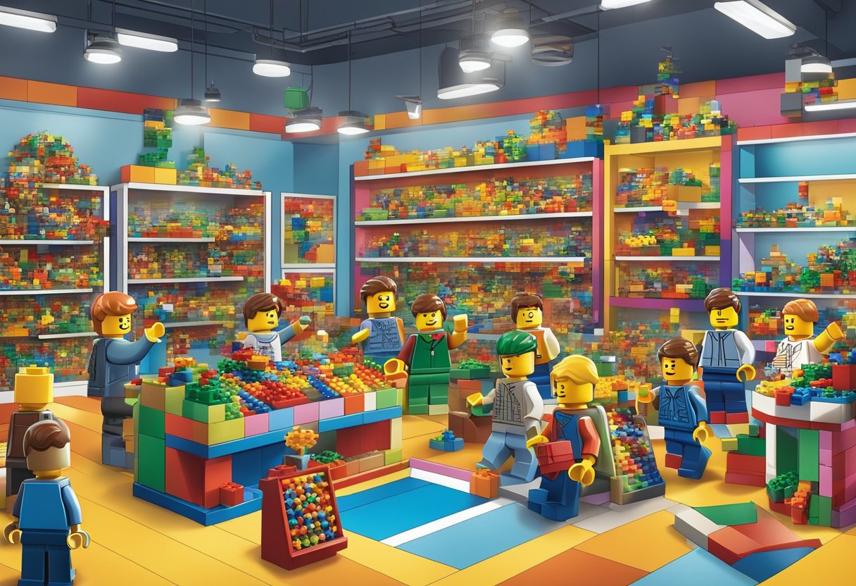 Customers selecting and customizing Lego figures with various accessories and colors in a vibrant, well-lit store setting