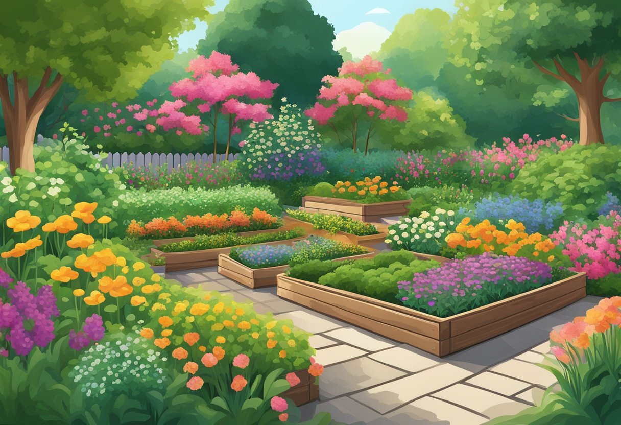 A garden with raised beds, varying in height, set against a backdrop of lush greenery and colorful flowers