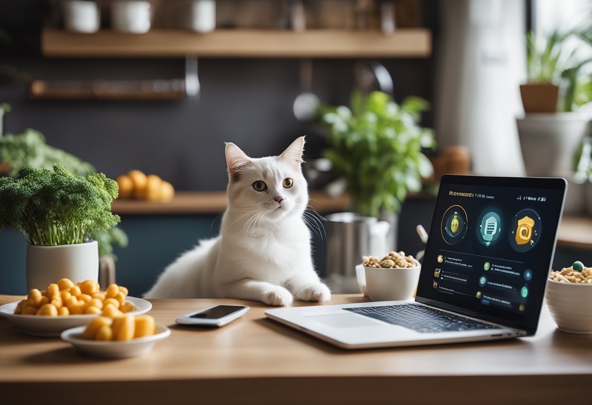 A happy, healthy pet surrounded by AI-powered nutrition and diet planning tools, enhancing its overall health and wellness