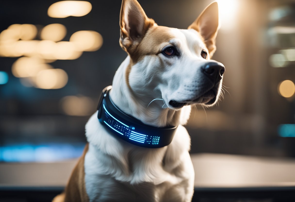 A dog wearing a sleek, futuristic collar with embedded sensors. A tablet displays real-time health data and an AI assistant monitors and analyzes the pet's wellness