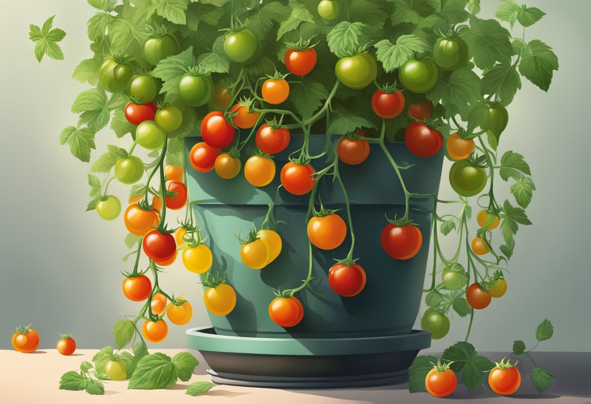 Lush green cherry tomato plant growing in a large pot, with small red and green fruits hanging from the vine