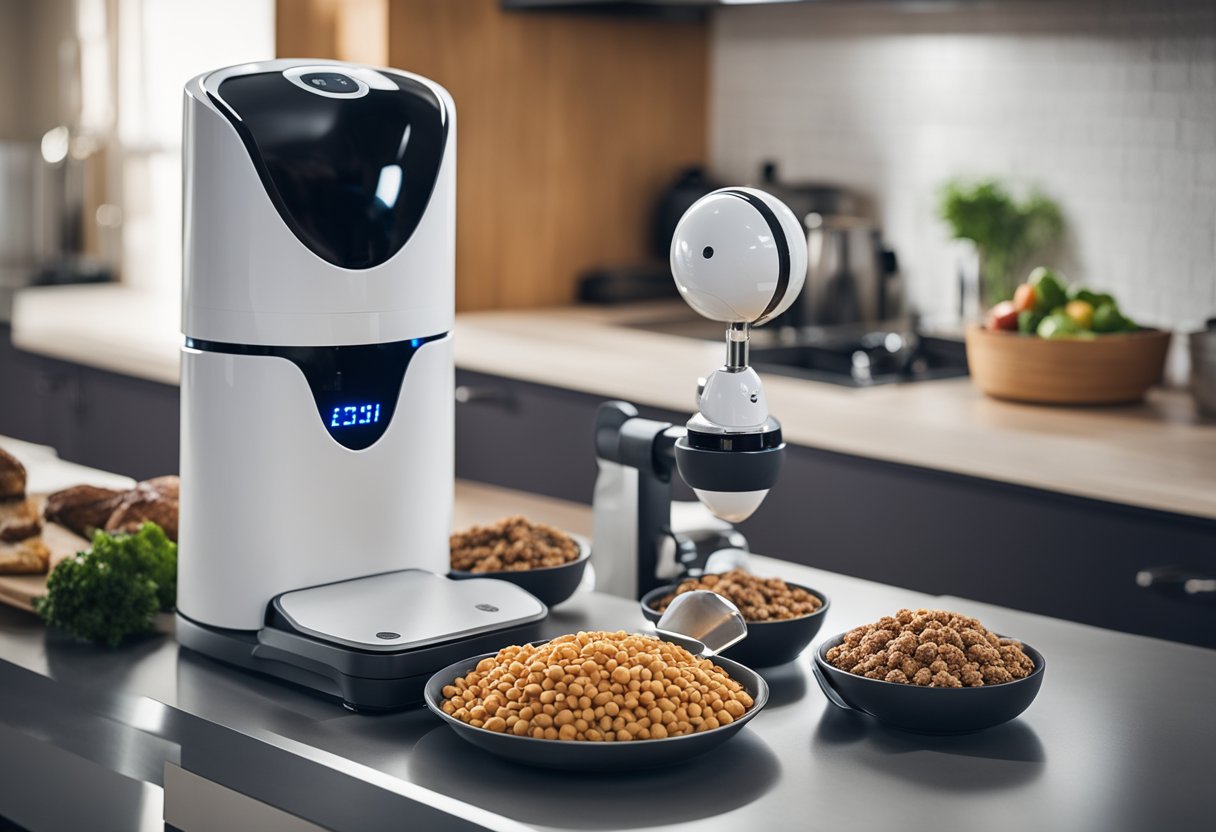 A robotic pet feeder dispenses controlled portions of food while an AI monitor tracks pet activity and adjusts diet accordingly