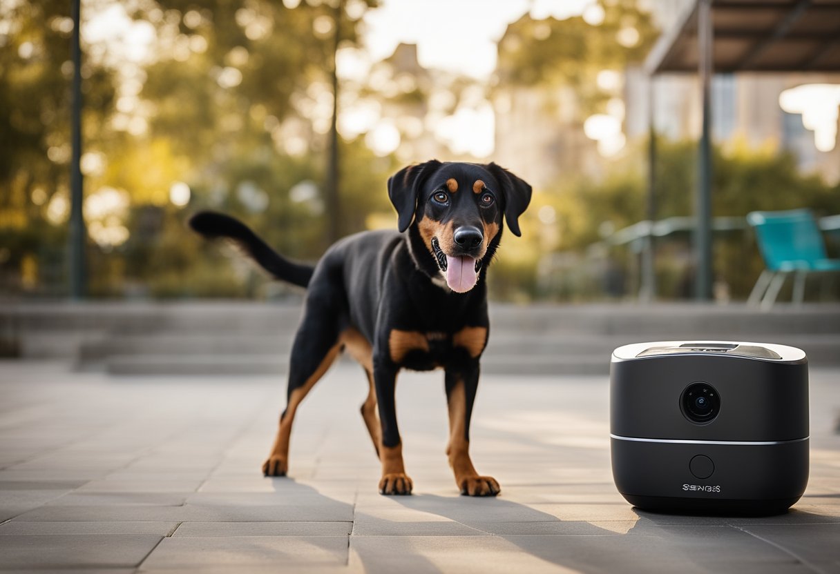 Smart pet devices seamlessly blend into daily life: a sleek automatic feeder dispenses food, a camera captures pet antics, and a GPS tracker ensures safety during walks