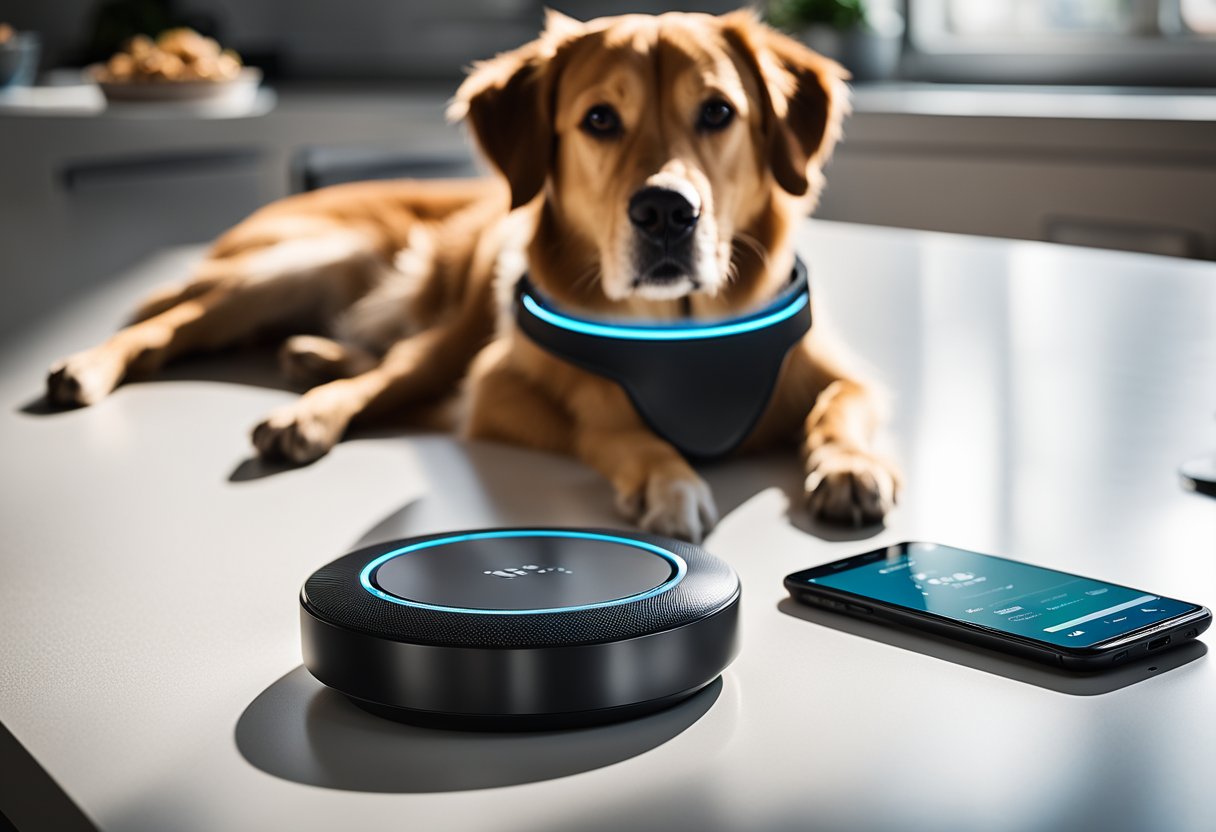 A smart pet device sits on a countertop, with a pet collar attached. A smartphone displays an app with notifications and activity tracking. A pet bed and food bowl are nearby