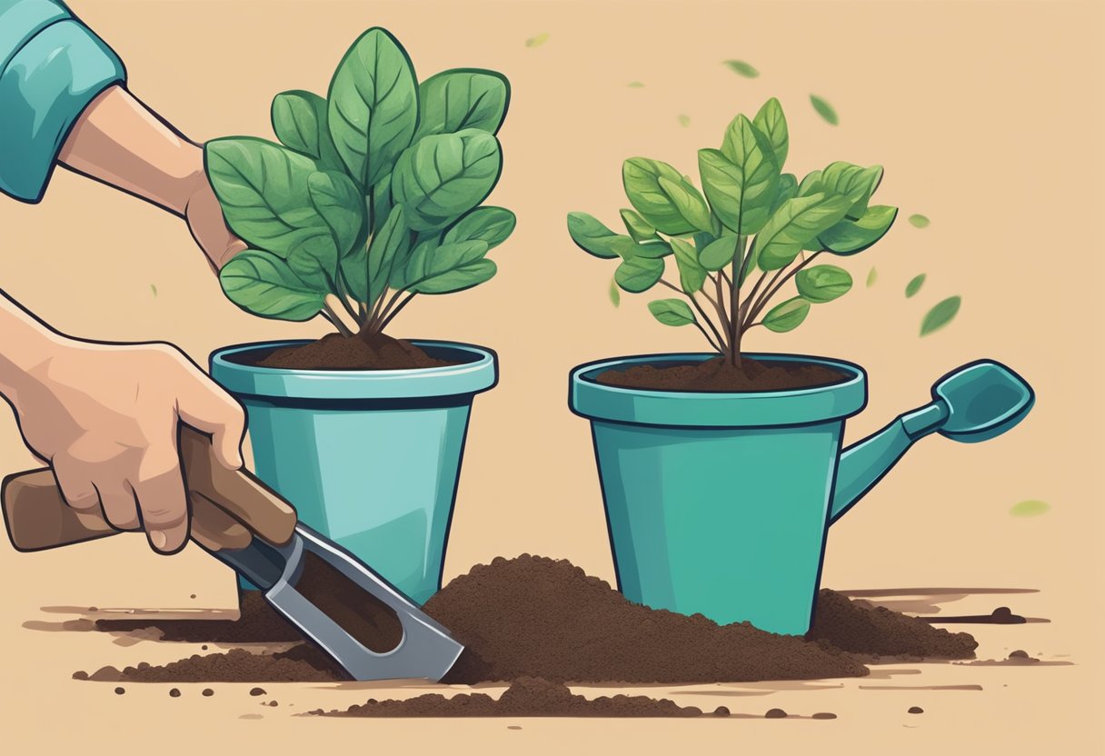 A hand holding a small shovel scoops out old soil from a potted plant. New soil is poured in, and the plant is gently patted down