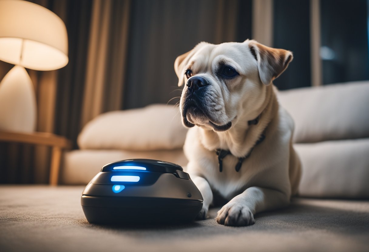 An AI pet companion interacts with a distressed pet, providing comfort and reducing anxiety in a cozy home environment