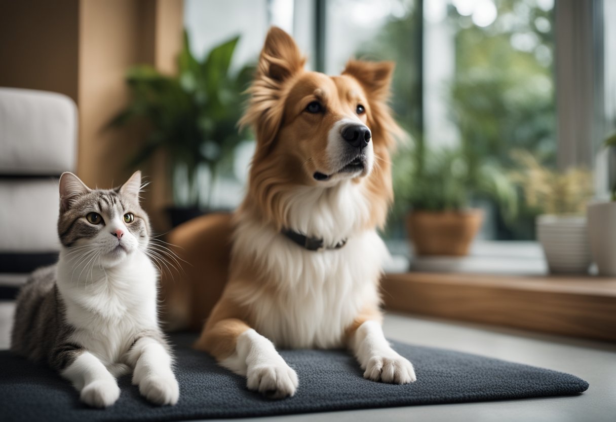 A dog and cat sit calmly next to their AI companions, showing reduced anxiety and loneliness. The pets appear content and relaxed, with the AI devices providing comfort and companionship