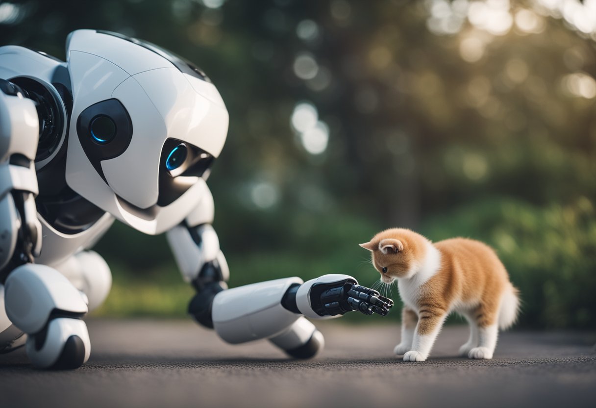 A robotic pet companion comforts a lonely animal, easing anxiety with AI technology