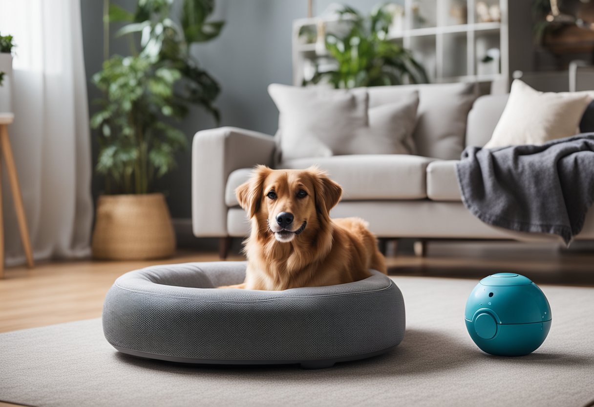 A cozy living room with a pet bed, toys, and a soothing AI companion device. A relaxed pet sits nearby, enjoying the company and feeling less anxious