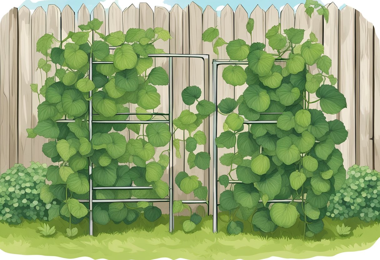 A sturdy, 6-foot tall cucumber trellis stands against a garden fence, supporting the climbing vines laden with ripe cucumbers
