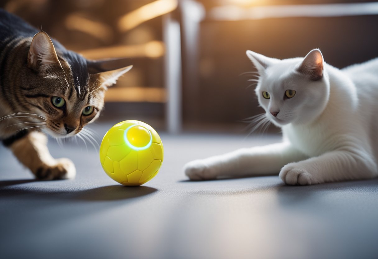 Pets engage with AI toys. A dog chases a robotic ball, while a cat paws at a moving laser. The toys light up and make sounds, keeping the pets entertained