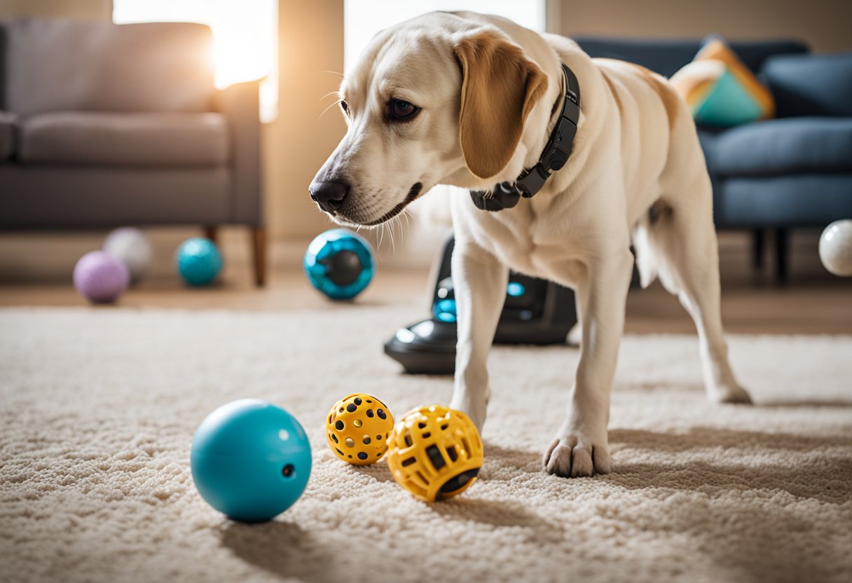 A variety of AI pet toys scattered across a living room floor, with a robotic ball rolling and a smart treat dispenser dispensing treats to an eager pet