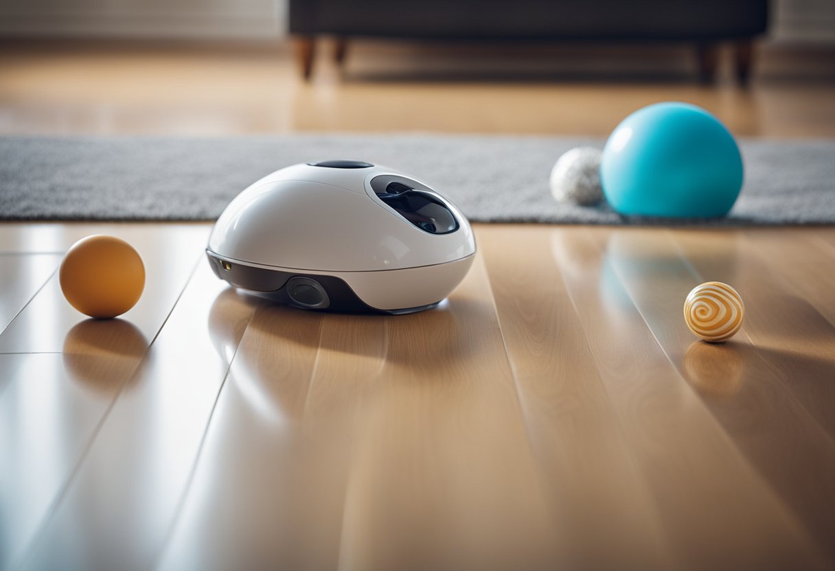 AI toys scattered around a living room, a robotic ball rolling on the floor, a mechanical mouse darting around, and a smart treat dispenser dispensing treats to a curious pet
