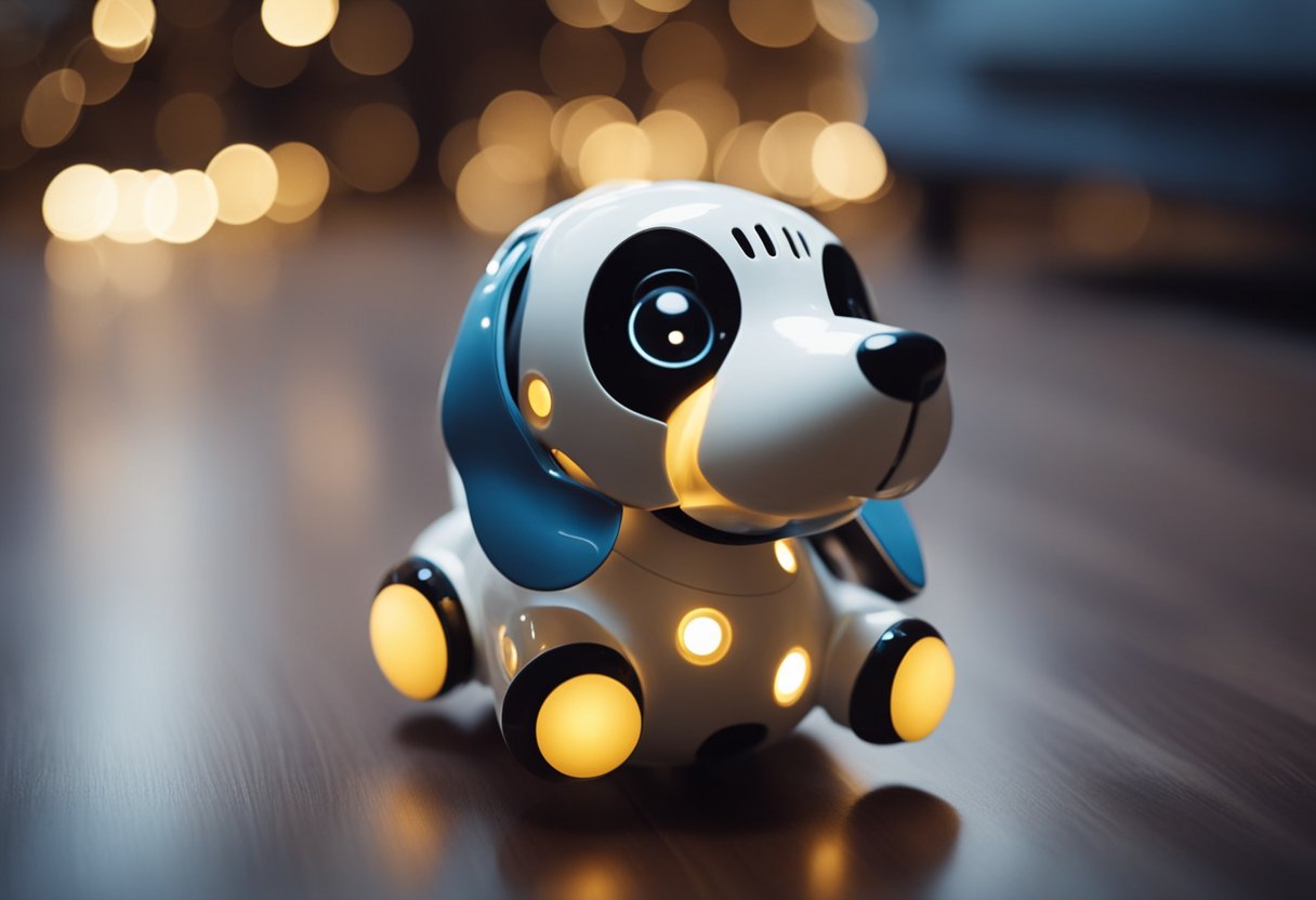 AI pet toy interacts with a dog, emitting light and sound. The toy moves around and responds to the dog's actions, keeping the pet engaged and entertained
