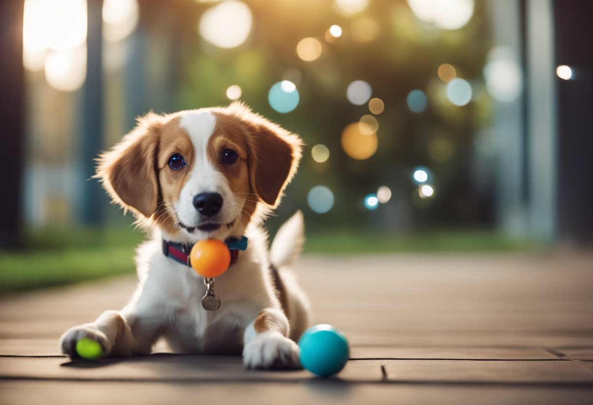 A playful dog interacts with an AI toy, wagging its tail and barking happily. The toy emits sounds and movements to keep the pet engaged