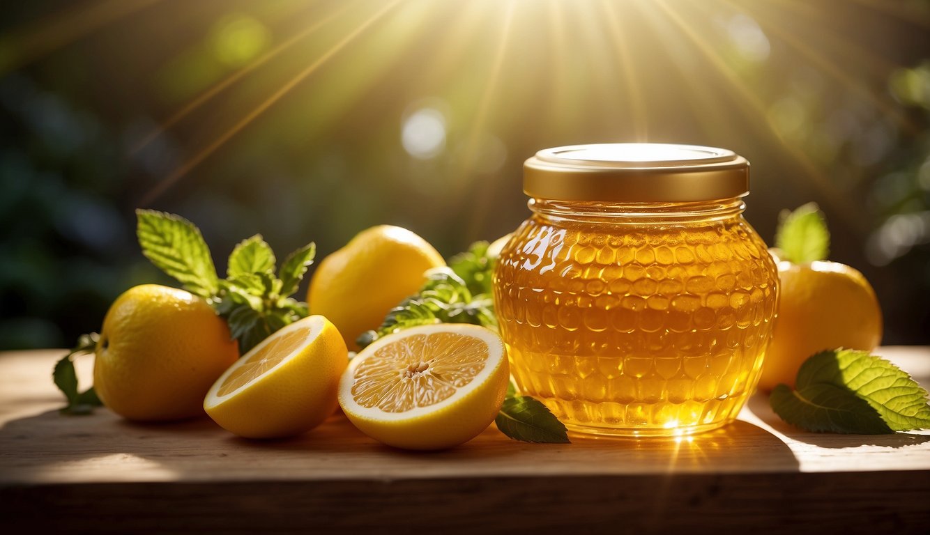 A jar of golden fermented honey surrounded by colorful fruits and herbs, with rays of sunlight shining down on it