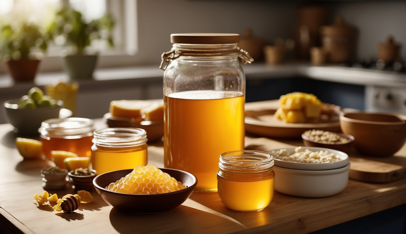 A jar of honey sits on a kitchen counter, surrounded by bowls of various ingredients. A recipe book lies open, with instructions for fermenting honey