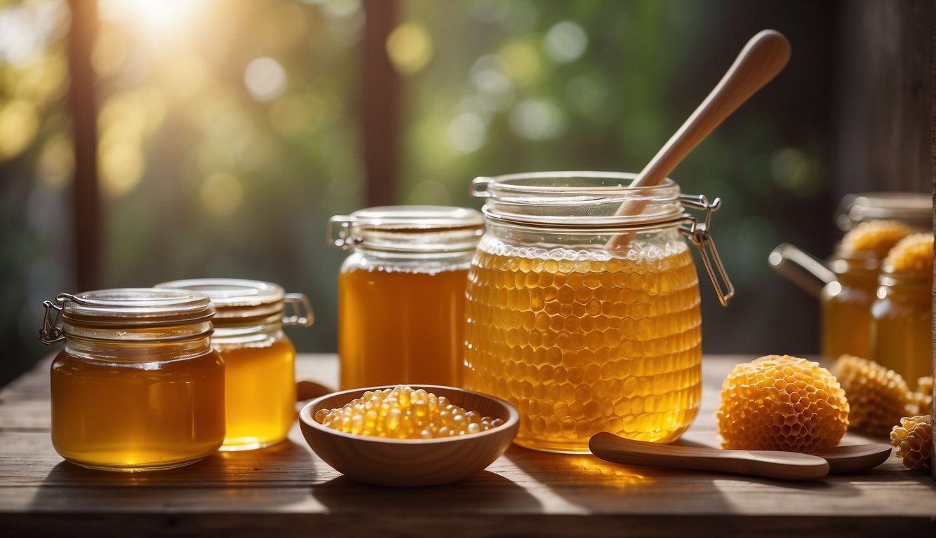 Fermented honey bubbles in a glass jar, surrounded by jars of various sizes and shapes. A wooden spoon rests on the table next to a small bowl of honeycomb