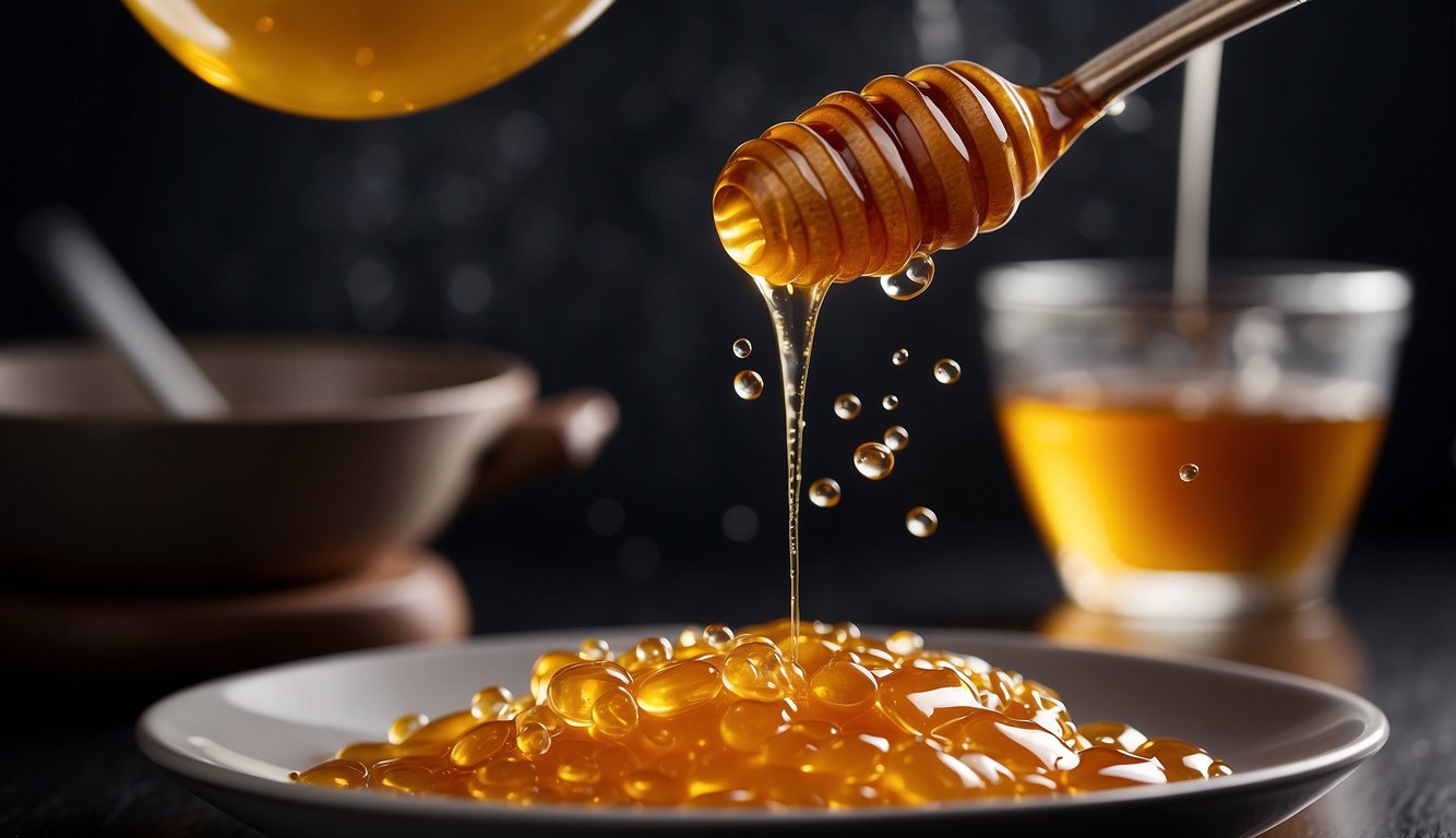 Fermented honey being drizzled over a dish, with bubbles rising to the surface