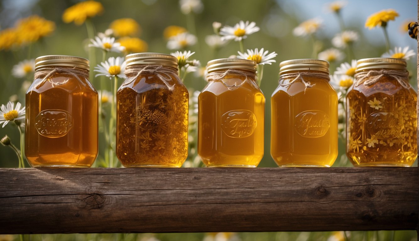 Fermented honey jars arranged on a rustic wooden shelf with a backdrop of buzzing bees and blooming wildflowers
