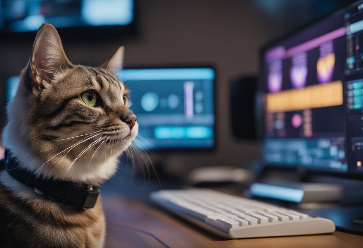 Pets surrounded by AI devices, emitting various vocalizations. AI analyzing and interpreting pet sounds, displaying data on screens