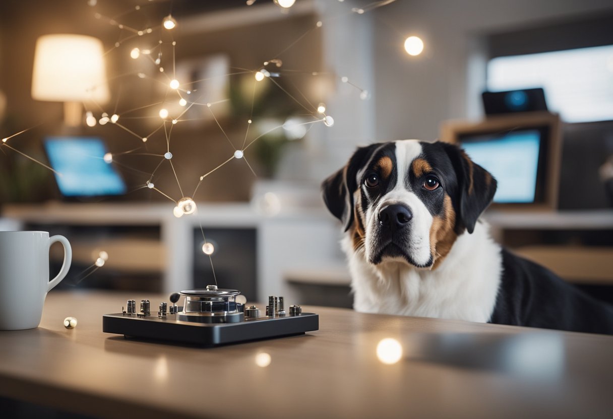 Pets surrounded by AI devices, emitting vocalizations. AI analyzes and interprets sounds, displaying benefits of understanding pet communication
