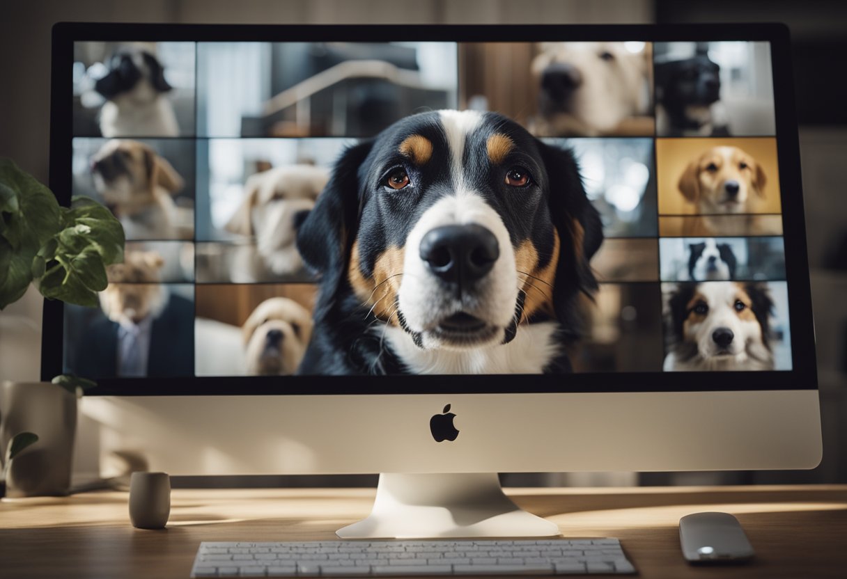 A dog looks at a screen showing various emotive expressions. AI technology analyzes its reactions, highlighting ethical concerns