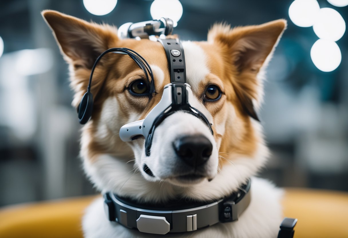 A dog wearing a collar with an AI device, showing various emotional expressions, while a robotic pet interacts with it