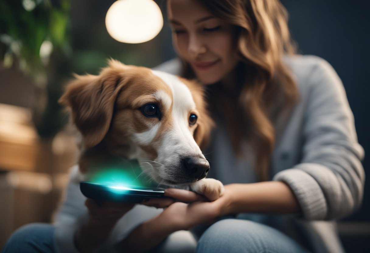 A pet and a person are sitting together, with the pet looking directly at the person. The person is holding a device that is emitting a soft glow, and the pet appears to be responding to it