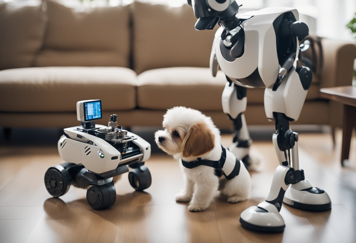 A dog and a robot interact, exchanging sounds and gestures. The robot analyzes the dog's behavior, tailoring its responses to foster a stronger bond