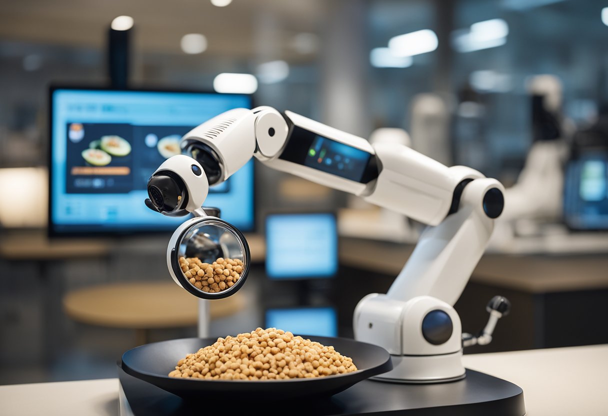 A robotic arm dispenses food into a pet's bowl, while a digital screen displays the pet's health data. The AI system monitors the pet's activity and provides recommendations for exercise and play