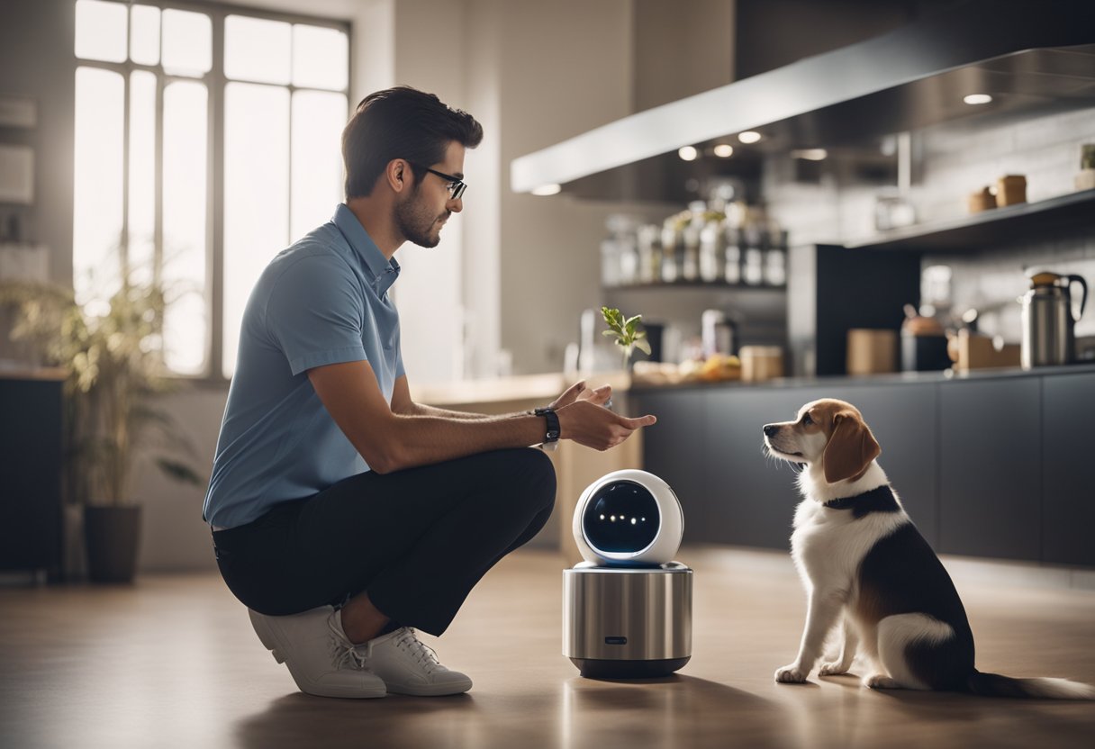 An AI interacts with a dog, dispensing food and monitoring its health. The AI displays empathy and responds to the pet's needs