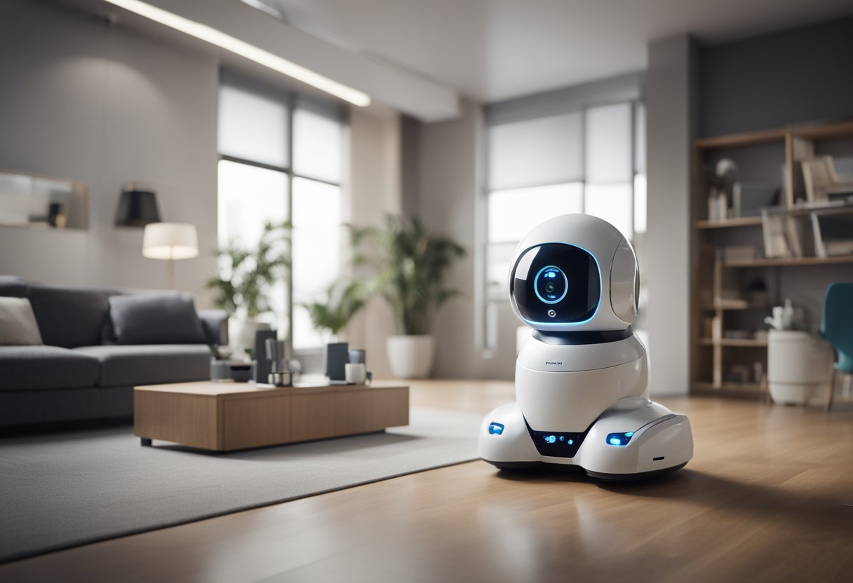 A robotic pet care device scans a room, collecting data while ensuring secure and ethical use of AI